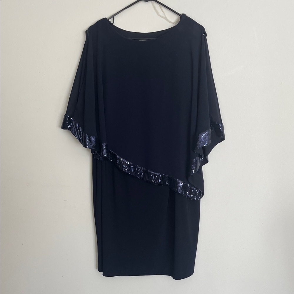 Elegant Asymmetrical Navy Dress with Sequin Trim